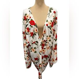 Bloom Chic Women’s Deep V-Neck Dress White Floral & Wide Bell Sleeves Size 22W.